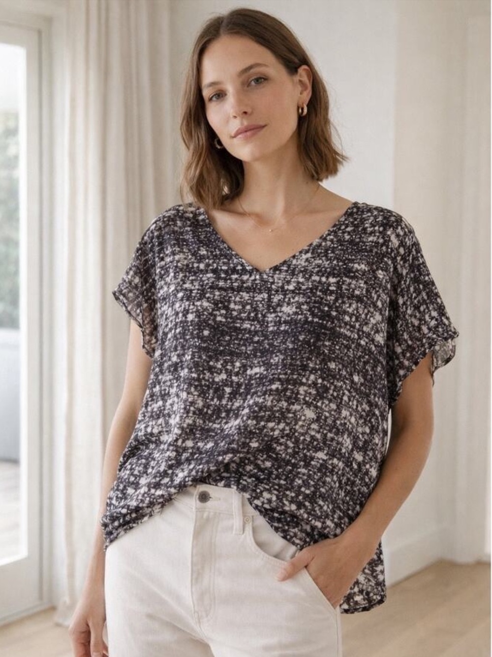 Joie 100% Silk Abstract Blouse Black Ivory Oversized Dolman Small